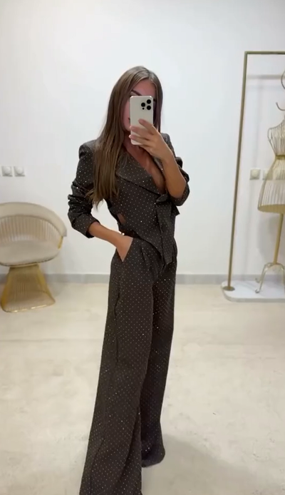 LISE - Strass Unregelmäßiger Blazer Weitbeinige Hose Set