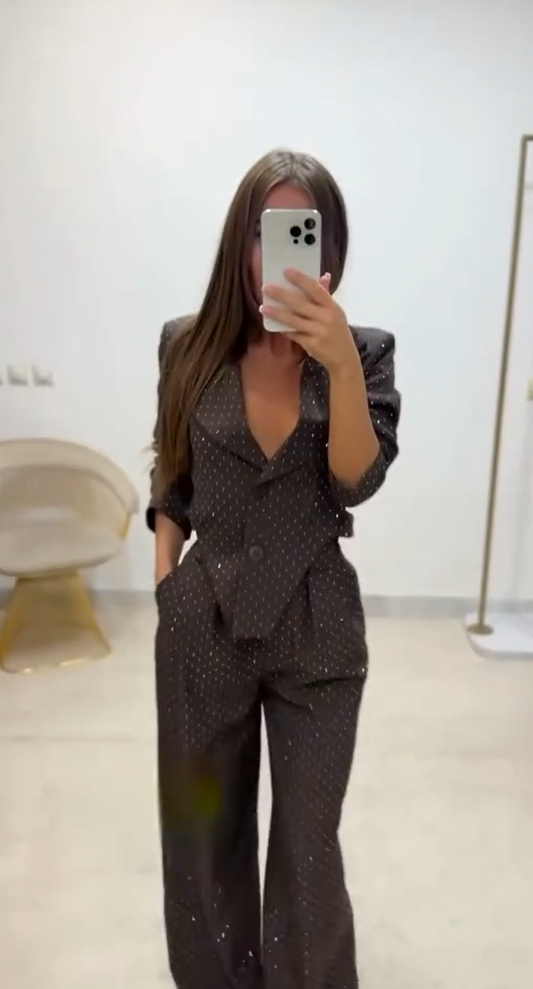 LISE - Strass Unregelmäßiger Blazer Weitbeinige Hose Set