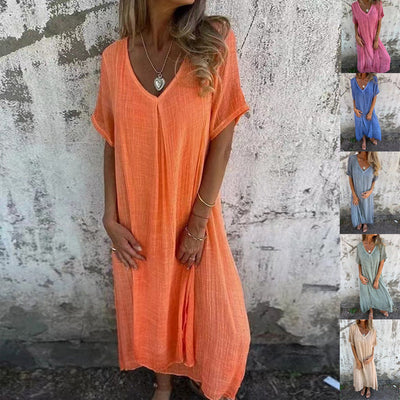 MATILDA - Luftige V-Ausschnitt Kleid aus Baumwolle und Leinen