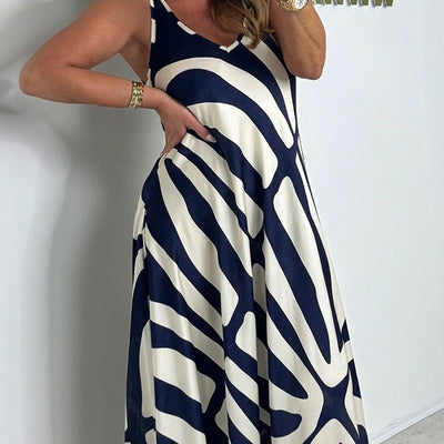 SILKE - Bedrucktes ärmelloses Maxikleid mit V-Ausschnitt