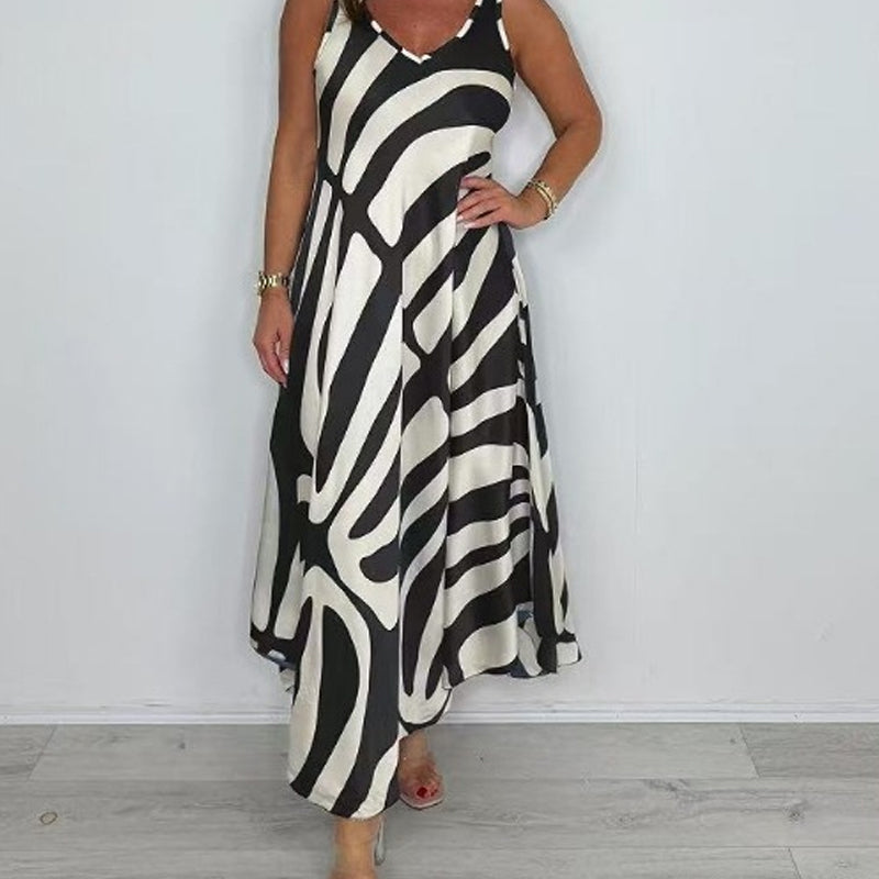 SILKE - Bedrucktes ärmelloses Maxikleid mit V-Ausschnitt