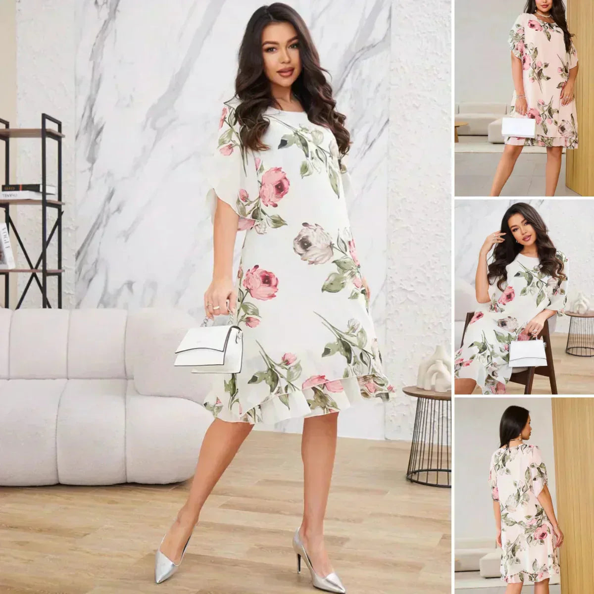 MARTINA - Chiffonkleid mit roten Blütenblättern