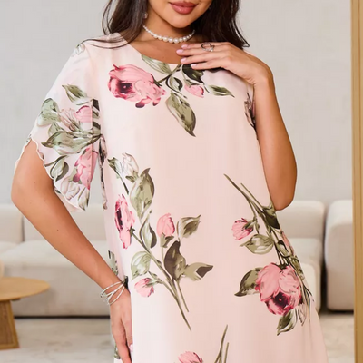 MARTINA - Chiffonkleid mit roten Blütenblättern