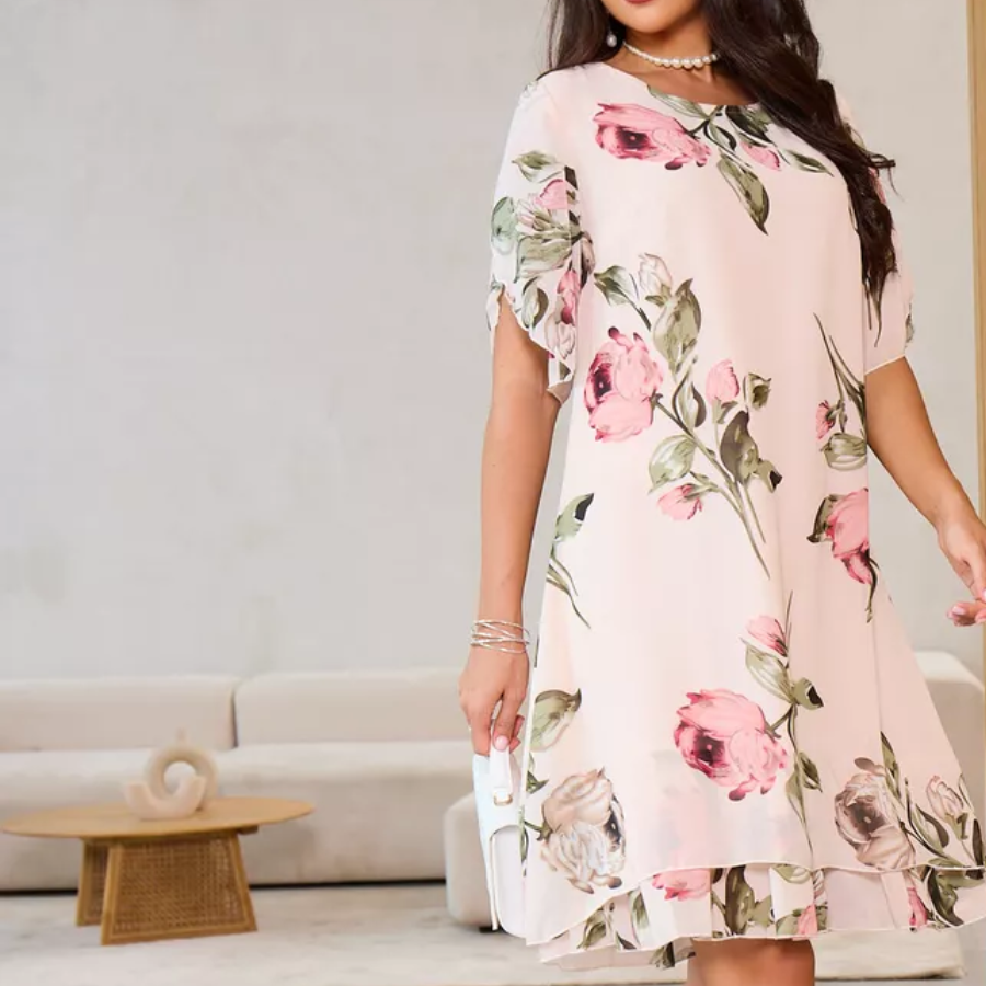 MARTINA - Chiffonkleid mit roten Blütenblättern