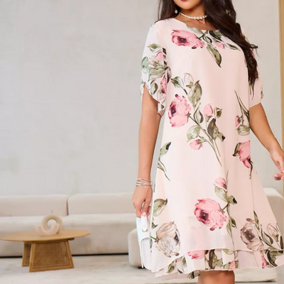 MARTINA - Chiffonkleid mit roten Blütenblättern