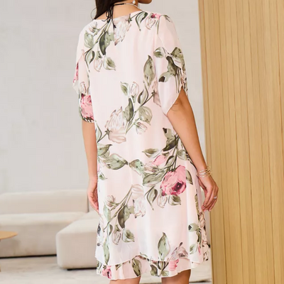 MARTINA - Chiffonkleid mit roten Blütenblättern