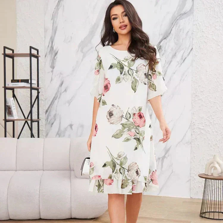 MARTINA - Chiffonkleid mit roten Blütenblättern